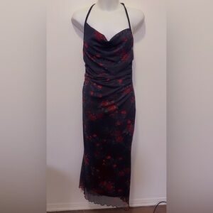 ROMWE Black Maxi Slip Dress with Red Floral Print
